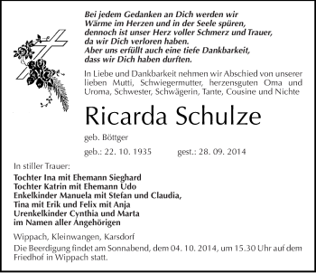 Traueranzeige von Ricarda Schulze von Mitteldeutsche Zeitung Naumburg/Nebra