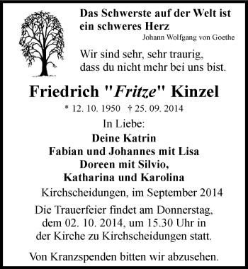 Traueranzeige von Friedrich Kinzel von Mitteldeutsche Zeitung Naumburg/Nebra