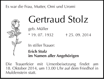 Traueranzeige von Gertraud Stolz von Mitteldeutsche Zeitung Bitterfeld