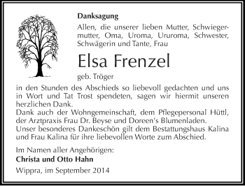 Traueranzeige von Elsa Frenzel von Mitteldeutsche Zeitung Mansfelder Land