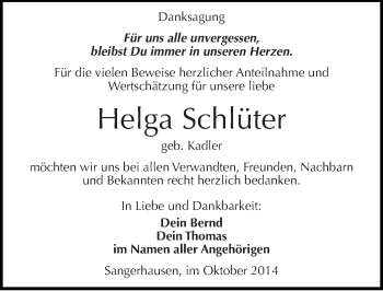 Traueranzeige von Helga Schlüter von Mitteldeutsche Zeitung Sangerhausen