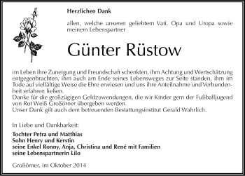 Traueranzeige von Günter Rüstow von Mitteldeutsche Zeitung Mansfelder Land