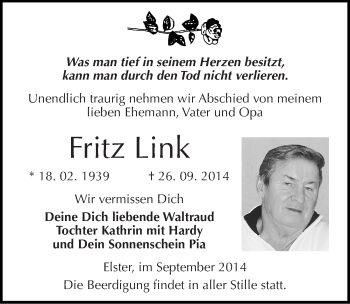 Traueranzeige von Fritz Link von Mitteldeutsche Zeitung Wittenberg