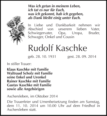 Traueranzeige von Rudolf Kaschke von Mitteldeutsche Zeitung Aschersleben