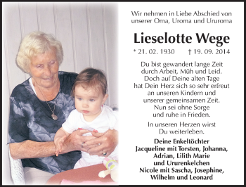 Traueranzeige von Lieselotte Wege von Mitteldeutsche Zeitung Mansfelder Land