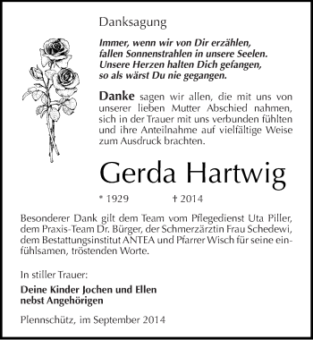 Traueranzeige von Gerda Hartwig von Mitteldeutsche Zeitung Weißenfels