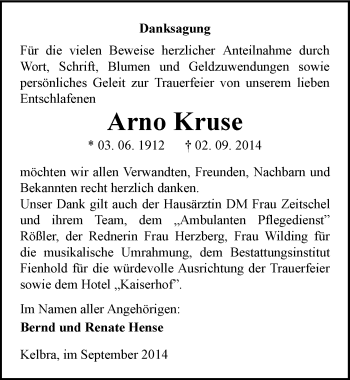 Traueranzeige von Arno Kruse von Mitteldeutsche Zeitung Sangerhausen