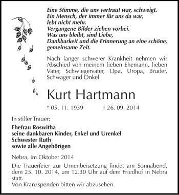 Traueranzeige von Kurt Hartmann von Mitteldeutsche Zeitung Naumburg/Nebra
