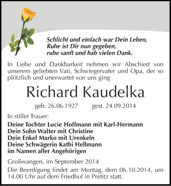 Traueranzeige von Richard Kaudelka von Mitteldeutsche Zeitung Naumburg/Nebra