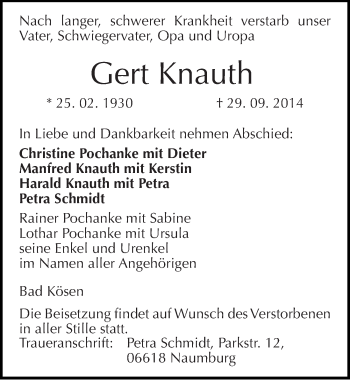 Traueranzeige von Gert Knauth von Mitteldeutsche Zeitung Naumburg/Nebra