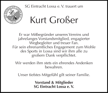 Traueranzeige von Kurt Großer von Mitteldeutsche Zeitung Naumburg/Nebra