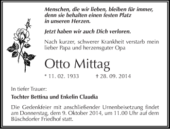 Traueranzeige von Otto Mittag von Mitteldeutsche Zeitung Halle/Saalkreis