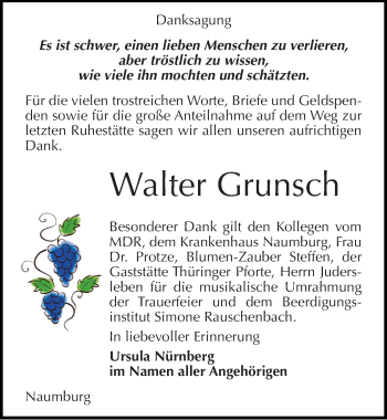 Traueranzeige von Walter Grunsch von Mitteldeutsche Zeitung Naumburg/Nebra