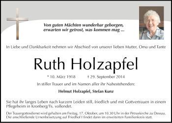 Traueranzeige von Ruth Holzapfel von Mitteldeutsche Zeitung Dessau-Roßlau