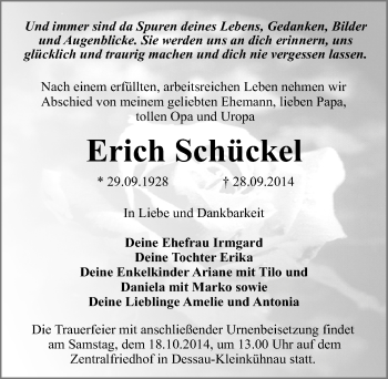 Traueranzeige von Erich Schückel von Mitteldeutsche Zeitung Dessau-Roßlau