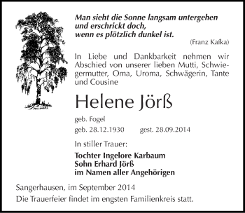 Traueranzeige von Helene Jörß von Mitteldeutsche Zeitung Sangerhausen