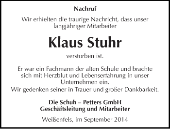 Traueranzeige von Klaus Stuhr von Mitteldeutsche Zeitung Weißenfels