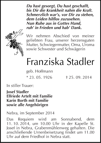 Traueranzeige von Franziska Stadler von Mitteldeutsche Zeitung Naumburg/Nebra