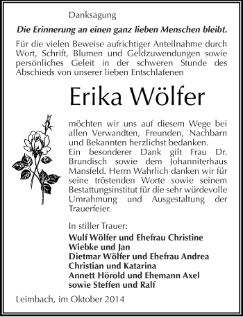 Traueranzeige von Erika Wölfer von Mitteldeutsche Zeitung Aschersleben