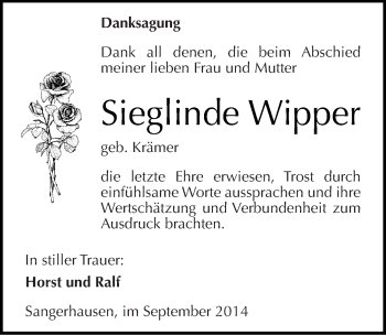 Traueranzeige von Sieglinde Wipper von Mitteldeutsche Zeitung Sangerhausen