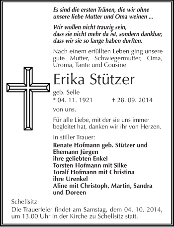 Traueranzeige von Erika Stützer von Mitteldeutsche Zeitung Naumburg/Nebra