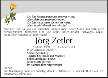 Traueranzeige von Jörg Zetler von Mitteldeutsche Zeitung