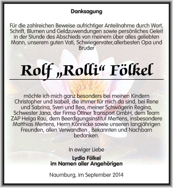 Traueranzeige von Rolf Fölkel von Mitteldeutsche Zeitung Naumburg/Nebra
