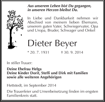 Traueranzeige von Dieter Beyer von Mitteldeutsche Zeitung Mansfelder Land