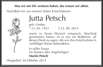 Traueranzeige von Jutta Petsch von Mitteldeutsche Zeitung Mansfelder Land
