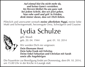 Traueranzeige von Lydia Schulze von Mitteldeutsche Zeitung Köthen