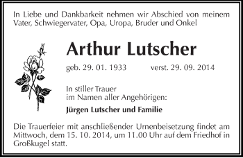 Traueranzeige von Arthur Lutscher von Mitteldeutsche Zeitung Halle/Saalkreis