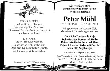 Traueranzeige von Peter Mühl von Mitteldeutsche Zeitung Köthen