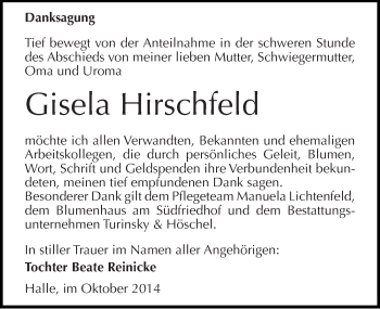 Traueranzeige von Gisela Hirschfeld von Mitteldeutsche Zeitung Halle/Saalkreis