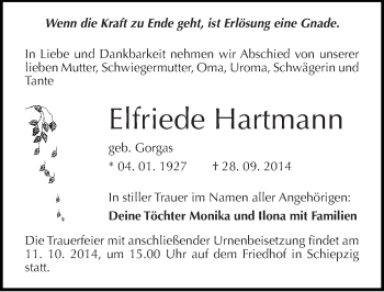 Traueranzeige von Elfriede Hartmann von Mitteldeutsche Zeitung Halle/Saalkreis