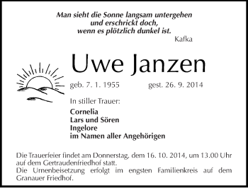 Traueranzeige von Uwe Janzen von Mitteldeutsche Zeitung Halle/Saalkreis