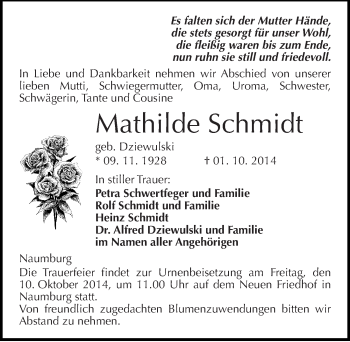Traueranzeige von Mathilde Schmidt von Mitteldeutsche Zeitung Naumburg/Nebra