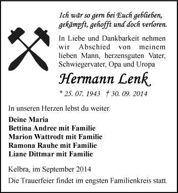 Traueranzeige von Hermann Lenk von Mitteldeutsche Zeitung Sangerhausen