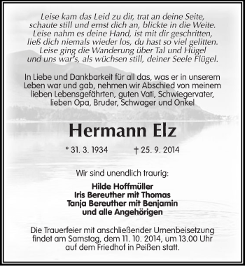 Traueranzeige von Hermann Elz von Mitteldeutsche Zeitung Halle/Saalkreis