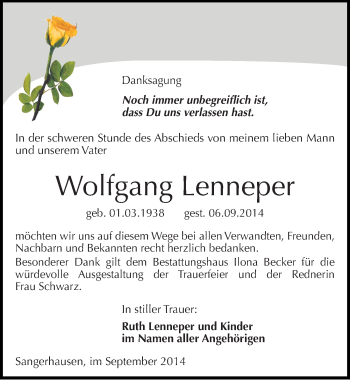 Traueranzeige von Wolfgang Lenneper von Mitteldeutsche Zeitung Sangerhausen