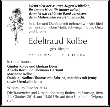 Traueranzeige von Edeltraud Kolbe von Mitteldeutsche Zeitung Mansfelder Land