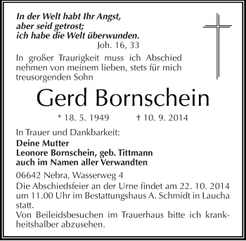Traueranzeige von Gerd Bornschein von Mitteldeutsche Zeitung Naumburg/Nebra