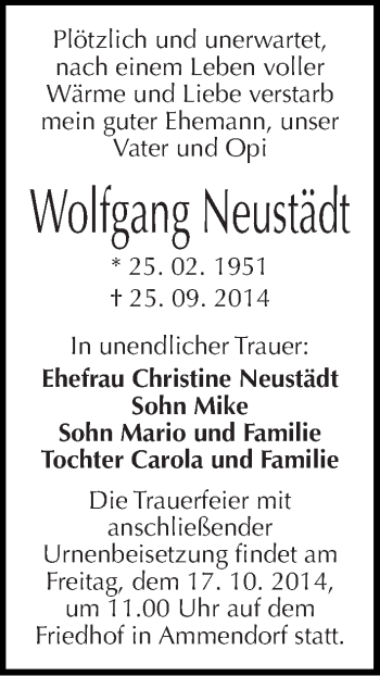 Traueranzeige von Wolfgang Neustädt von Mitteldeutsche Zeitung Halle/Saalkreis