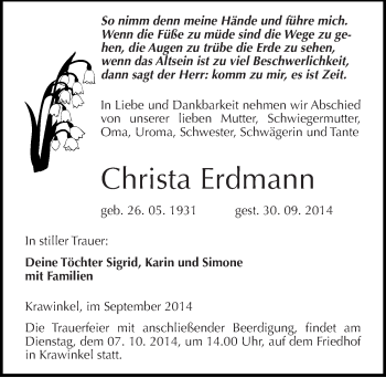 Traueranzeige von Christa Erdmann von Mitteldeutsche Zeitung Naumburg/Nebra