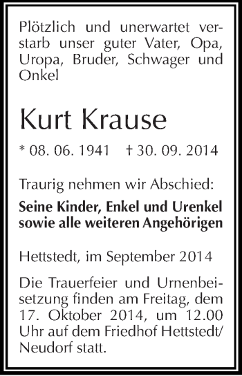 Traueranzeige von Kurt Krause von Mitteldeutsche Zeitung Mansfelder Land