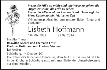 Traueranzeige von Lisbeth Hoffmann von Mitteldeutsche Zeitung Naumburg/Nebra