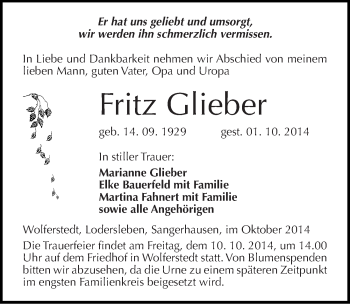 Traueranzeige von Fritz Glieber von Mitteldeutsche Zeitung Sangerhausen