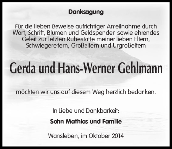 Traueranzeige von Gerda und Hans-Werner Gehlmann von Mitteldeutsche Zeitung Mansfelder Land