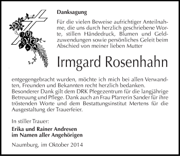 Traueranzeige von Irmgard Rosenhahn von Mitteldeutsche Zeitung Naumburg/Nebra