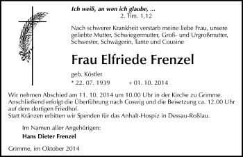 Traueranzeige von Elfriede Frenzel von Mitteldeutsche Zeitung Dessau-Roßlau