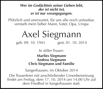 Traueranzeige von Axel Siegmann von Mitteldeutsche Zeitung Sangerhausen